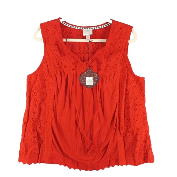 NWT Knox Rose Floral Eyelet Embroidered Top Tassel Tie Rib Knit Rebel Red - Picture 4 of 13